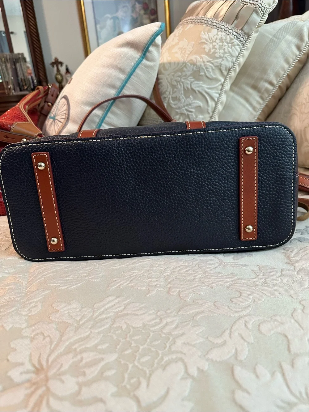 Dooney & Bourke Navy and Brown Pebble Leather Satchel